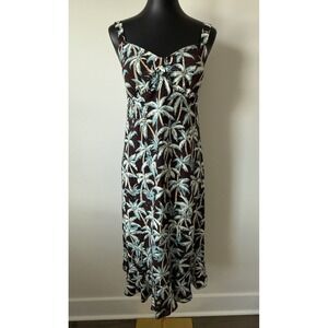 Madison Leigh Petite Palm Tree Print Midi Dress Brown Blue Tropical Smocked 10P